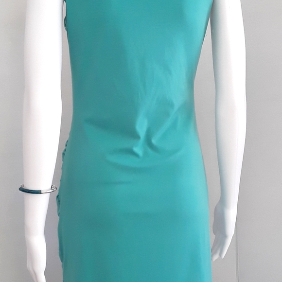 GREEN V-NECK RUFFLED COLLAR SIDE RUCHED DRESS SZ 12 - Picture 7 of 8